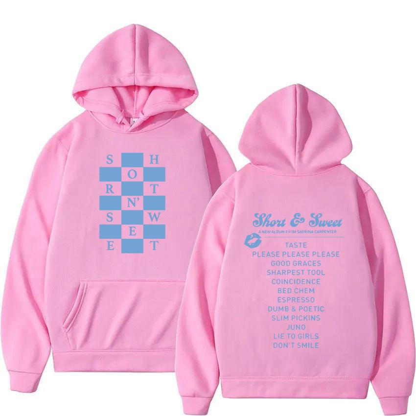 Sabrina Carpenter Hoodie – Unisex Black Double Sided Fleece Sweatshirt, Short & Sweet Album Tracklist & Blue Chess Grid Print, Pop Star Streetwear