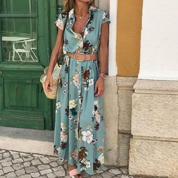 Bohemian Resort Long Dress for Women Ethnic Printed V-Neck Tie Button Retro Style