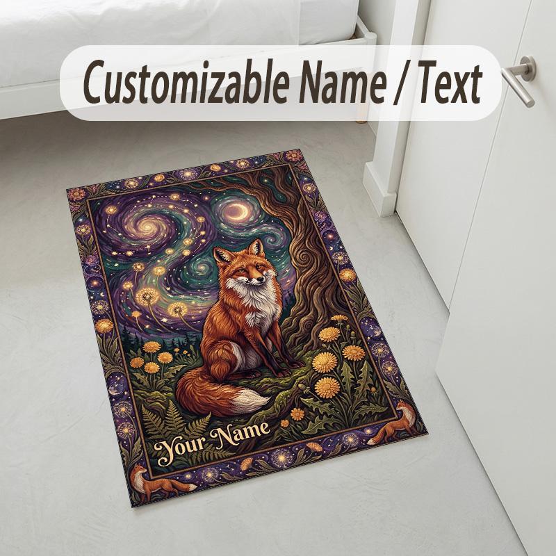 Fox Owl Theme Soft Crystal Velvet Rug Custom Name & Text Print Non Slip Floor Rug for Bedroom Living Room
