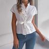 Women's Summer Shirts Short-sleeved Chiffon V-neck Button Elegant Belt Shirt