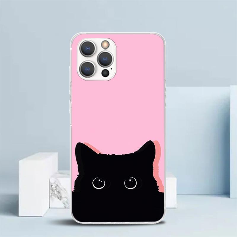 Мультяшный Милый Черный Кот Чехол Для Телефона Для IPhone 16 17 Air 16E 15 14 Plus 13 Mini 12 11 Pro Max 7 8 + SE 2020 Мягкий ТПУ Задняя Крышка 16