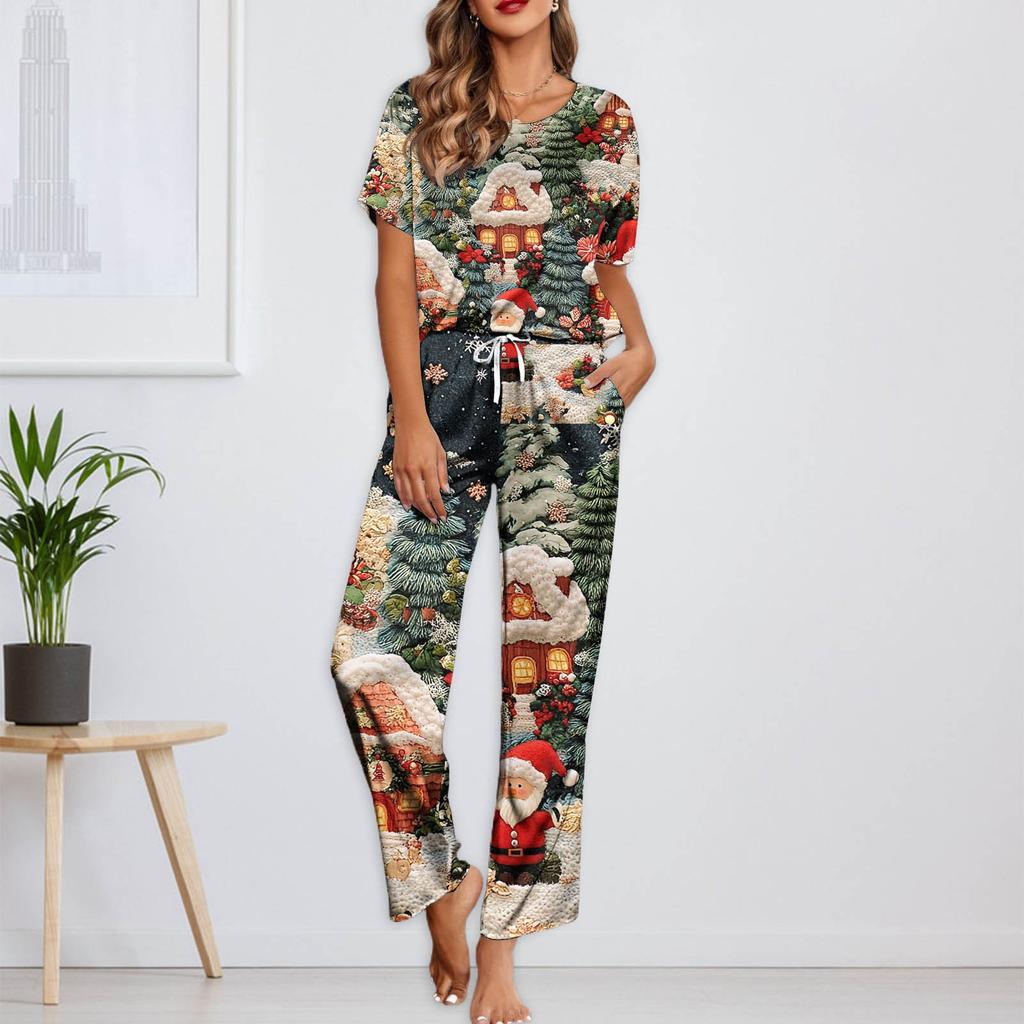 Women's Ice Silk Satin Christmas Print Pajama Set Short Sleeve Shirt And Long Pajama Pants Set Soft Home Clothes