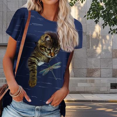 Женская летняя футболка с принтом котенка в стиле ретро, футболки с коротким рукавом, повседневные топы с принтом