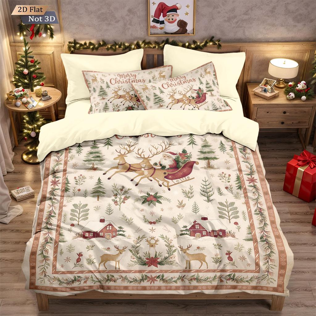 Three-piece Christmas Bedding Set, Brushed Duvet Cover and Pillowcase Set with Santa Claus Digital Print