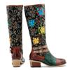Johnature Удобные женские ботинки до середины икры на толстом каблуке ручной работы с цветным принтом и цветочным ремнем с пряжкой