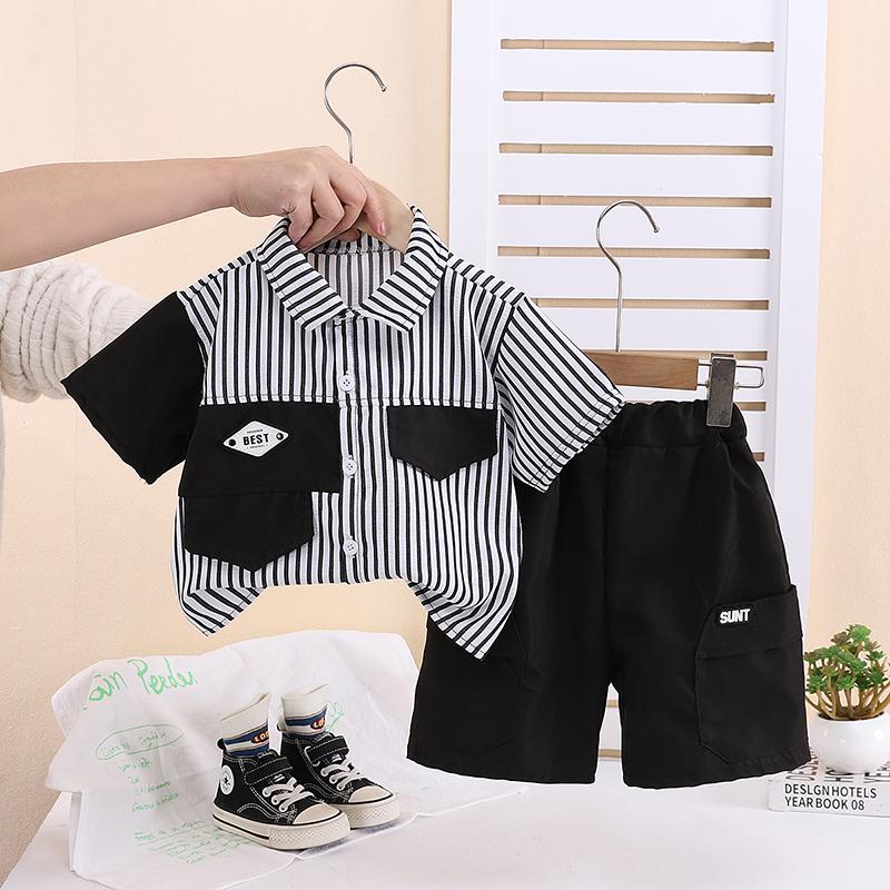 Комплект с короткими рукавами для мальчика 0-5 лет Детская полосатая рубашка с воротником+шорты Комплект из двух предметов Модная одежда Для мальчиков Малыши