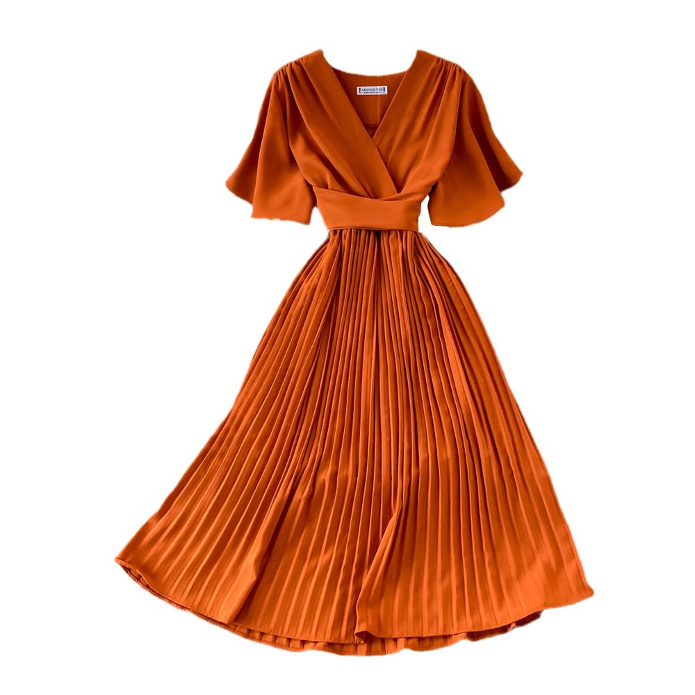 Платье миди в стиле ретро, ​​женское однотонное платье с v-образным вырезом и шнуровкой на талии, тонкое плиссированное платье миди, офисное женское платье