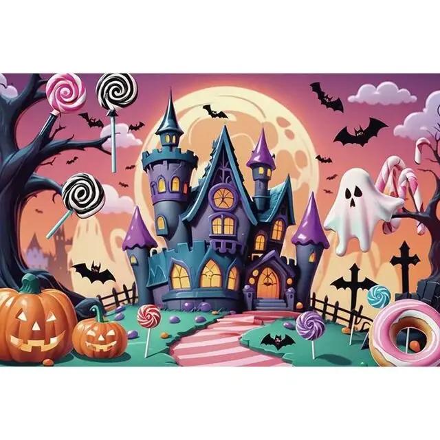 Candy Castle Halloween Photography Backdrops Decoration Children Pumpkin Latern Night Photozone Photo Studio Backgrounds Props5