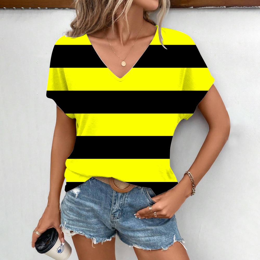Минималистичный летний высококачественный полосатый узор с принтом, новая футболка, яркий уличный женский топ с V-образным вырезом и короткими рукавами