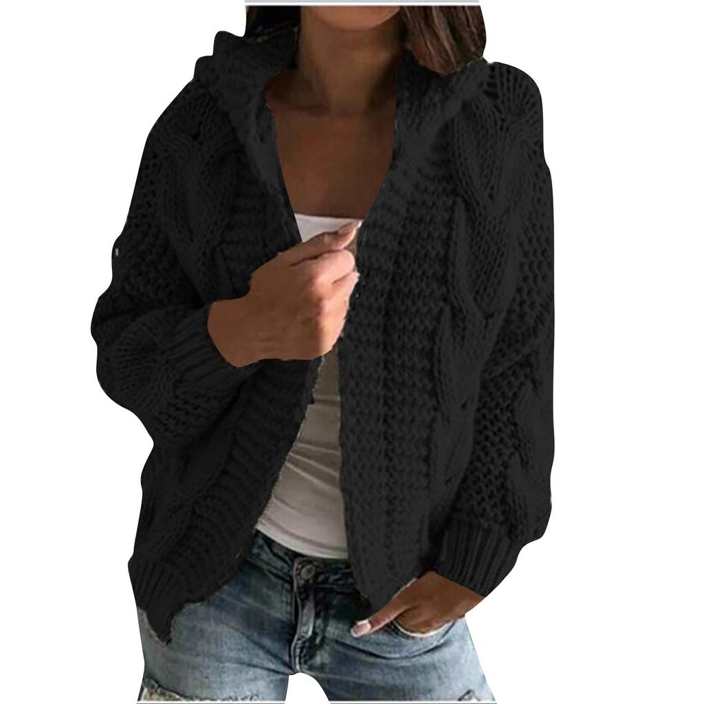 Women's Autumn And Winter Hooded Jacket Solid Color Knitted Cardigan Sweater