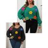 Plus Size Women's Sweater Pineapple Sleeve Patchwork Deep V Base Shirt 3D Knitted Embroidered Flower Patchwork Pullover Top