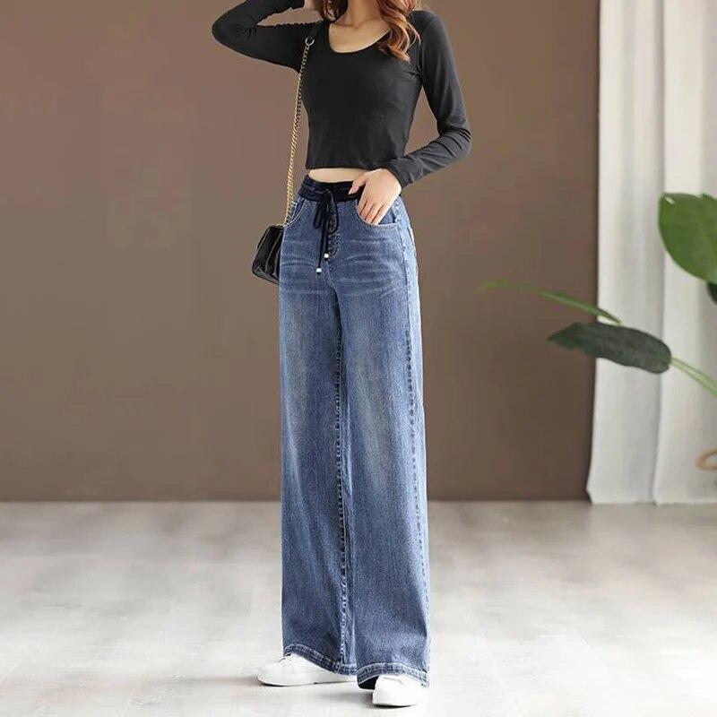 Повседневные широкие джинсы женские лоскутные с высокой талией винтажные мешковатые Vaqueros весенние джинсовые брюки прямые на шнуровке