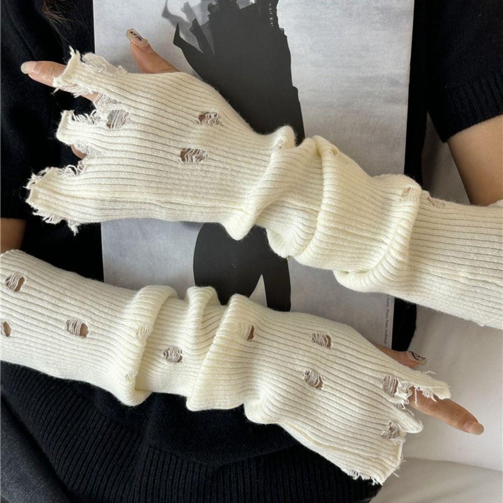 Korean Style Solid Color Long Mittens Harajuku Knitted Warm Sleeves Sweet Fingerless Gloves Girls
