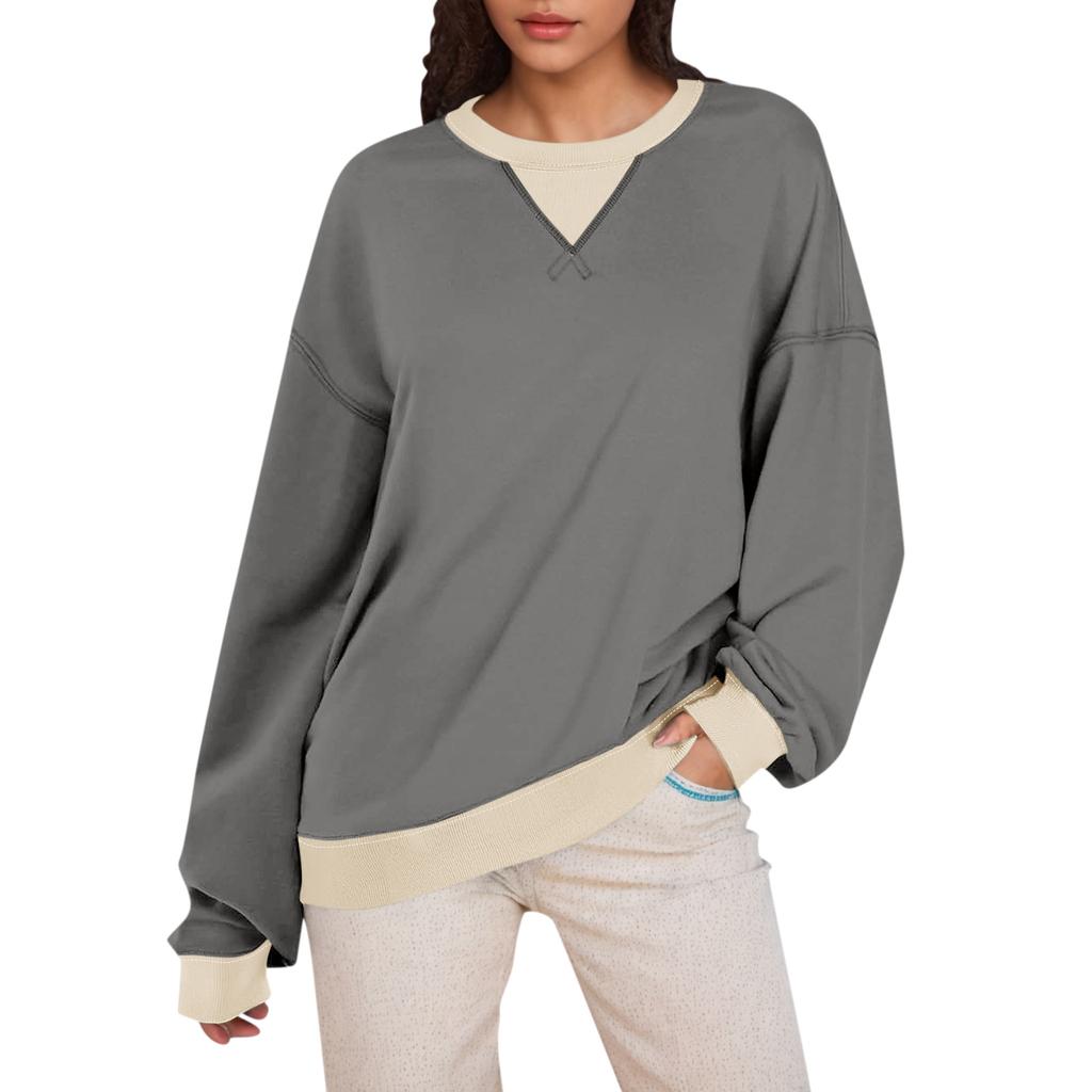 Женская толстовка большого размера с цветными блоками, толстовки с длинным рукавом, рубашка с круглым вырезом, осенний пуловер, топ, модная одежда