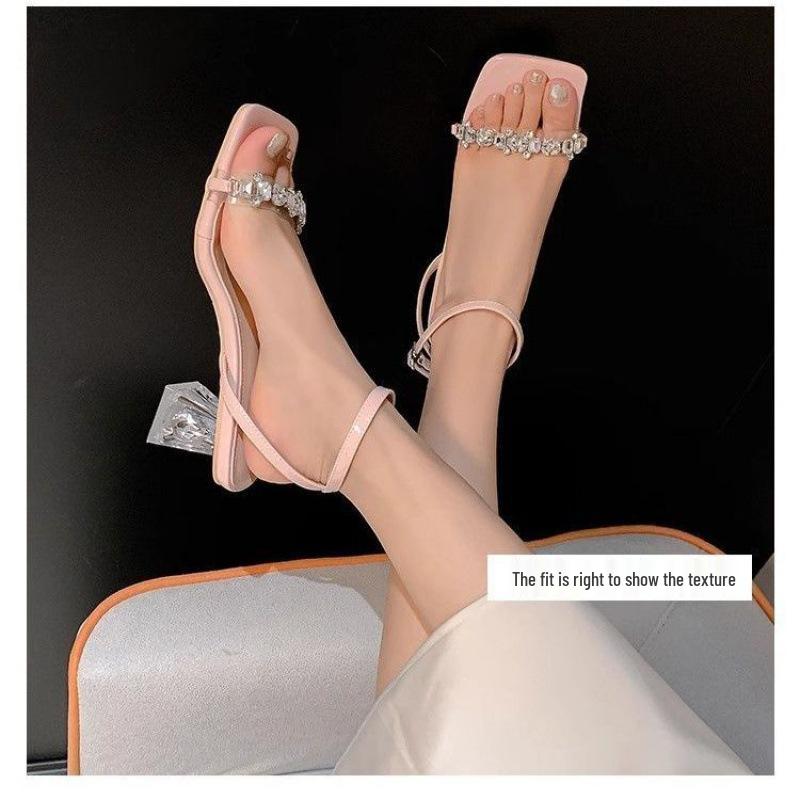 Silver Rhinestone Sandals for Women - 2024 Spring/Summer Collection: Chunky Heel, Open Toe, Transparent Crystal Design.