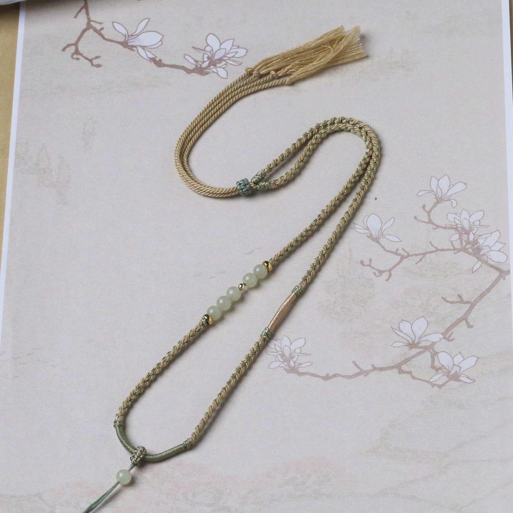 Hand-Woven Adjustable Gold Jade Pendant Necklace for Women