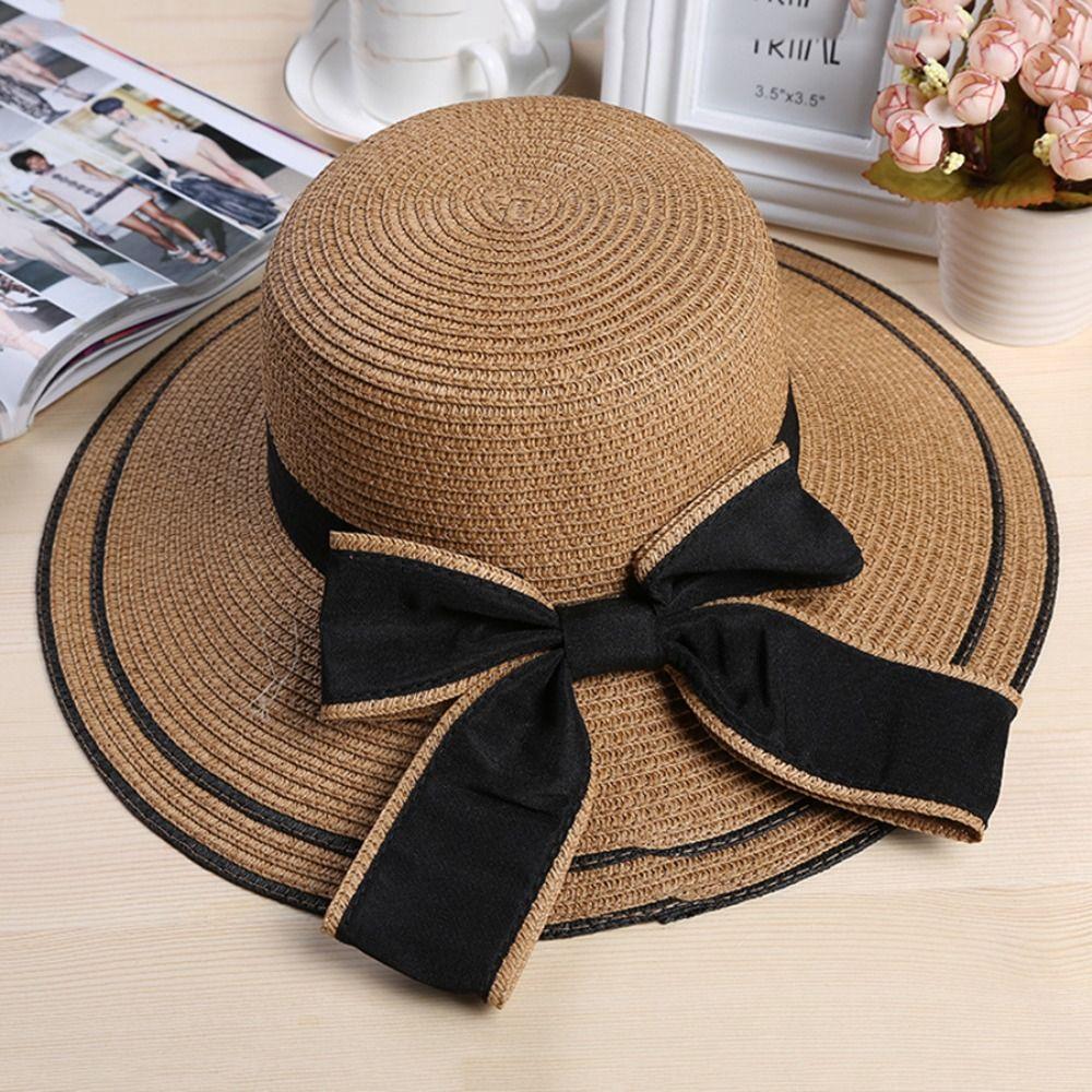 New Summer Women Sun Hat Casual Fashion Bowtie Fisherman Hat Straw Hat with Bow Ribbon Travel Beach Hat