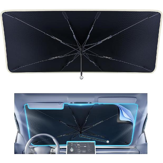 helloleiboo [2025 Upgraded] Car Windshield Sun Shade Umbrella 57"x 32" Windshield Sun Shade Foldable 5-Layer Thickened Vinyl Coating Reflective