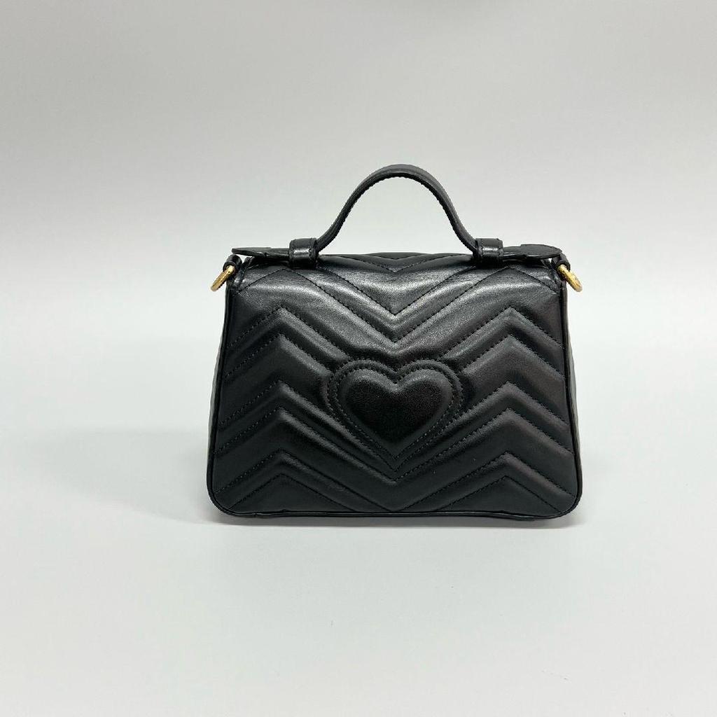 [Pre-Owned] Gucci Chevron Leather GG Marmont Mini Top Handle Bag 'Nero' - Excellent #1V9T0GG