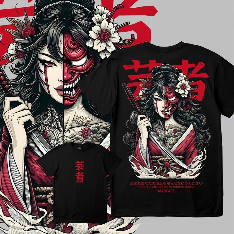 Edgy Japanese Oni Geisha Tattoo Tee with Samurai Sword and Red Floral Print Men's T-shirt Summer Casual Wear