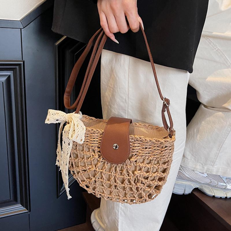 Летняя соломенная сумка для женщин, модная полукруглая сумка кроссбоди, плетеная вручную из ротанга, сумка-мессенджер, дорожная пляжная сумка KTB