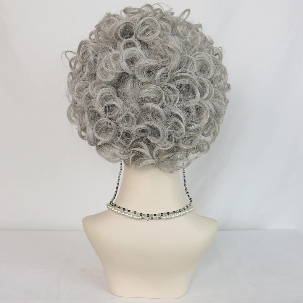 1 очки + 1 ожерелье + короткий серый вьющийся костюм старушки и бабушки, парик для косплея на Хэллоуин, Рождество, школа, День благодарения