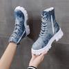 New Denim Women Boots Ladies Chunky Heel Platform Round Toe Shoes Denim Ankle Women Boots Jeans Casual Lace Up Boots