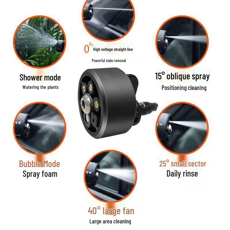 Беспроводной пистолет для мойки автомобиля из сплава с длинной штангой, веерной насадкой, соединителем для бутылки с напитком и ящиком для хранения.