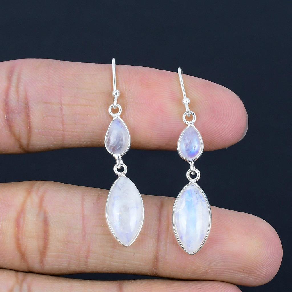 Серьги из натурального радужного лунного камня, серебро 925 пробы, серьги в форме маркизы, висячие серьги ручной работы, ювелирные изделия на День святого Валентина