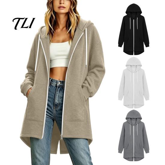 Women Zip Up Tops Zip-Up Long Hoodie for Fall Winter, Casual Sleeve Jacket Sweatshirt with Pockets, Solid Color Drawstring Hooded Coat Soft