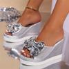 Plus Size 41 Slippers Women New Shiny Sequin Bow Slides Summer Wedge Heels Open Toe Sandals Ladies Thick Bottom Slippers Silvery