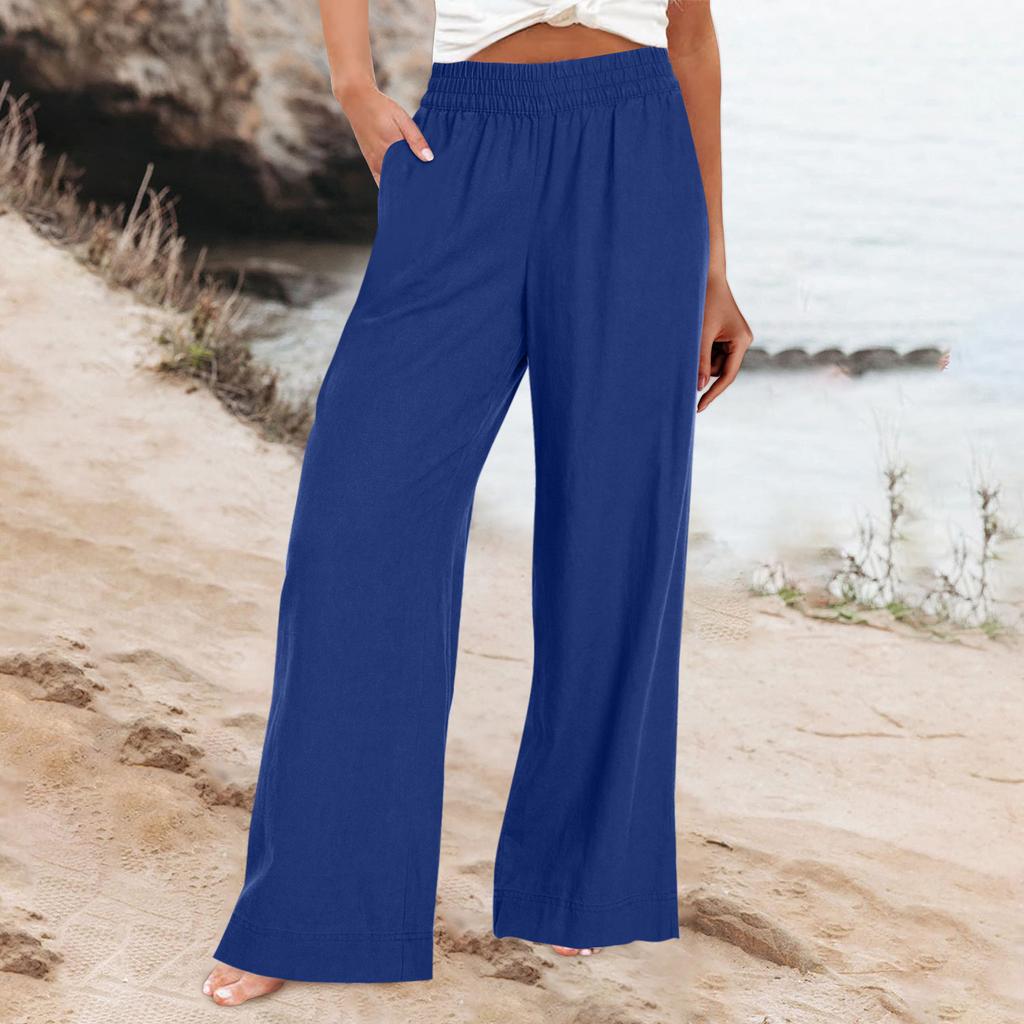 Cotton And Linen Trousers, Summer Wide-Legged Casual Loose High-Waisted Wide-Leg Trousers With Pockets
