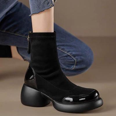 Мода 2024 года, новый стиль, женские эластичные сапоги, сетчатые, красные, популярные, винтажные, с толстой подошвой, короткие сапоги, толстые, на шнуровке