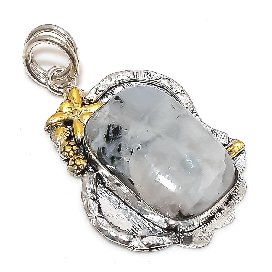 Rainbow Moonstone 925 Sterling Silver Two Tone Gift Pendant 2.05" J6s00