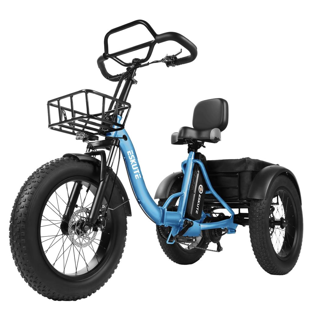 Электрический грузовой трехколесный велосипед ESKUTE T302 Pro, аккумулятор 48 В 20,8 Ач, с задним сиденьем и спинкой, передней и задней корзинами