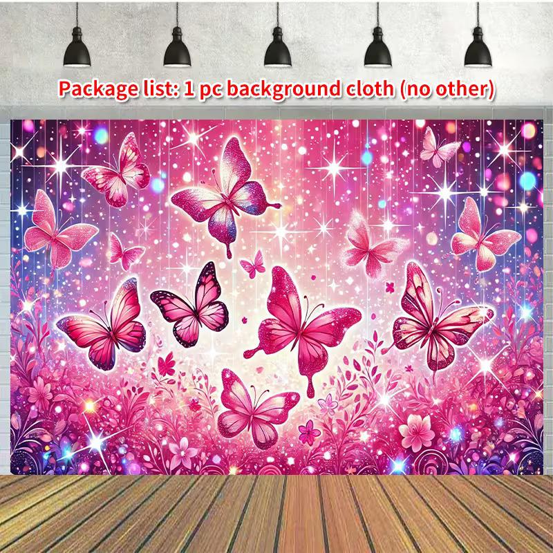2D Pink Butterfly Themed Backdrop Sparkle Glitter Floral Party Decoration Banner