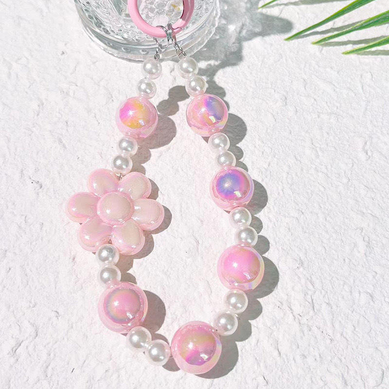 Cute Phone Chain Wrist Strap Acrylic Bead Beaded KeyChain Kawaii Mobile Phone Chains Accessories Bag Car Pendant Charm for Women