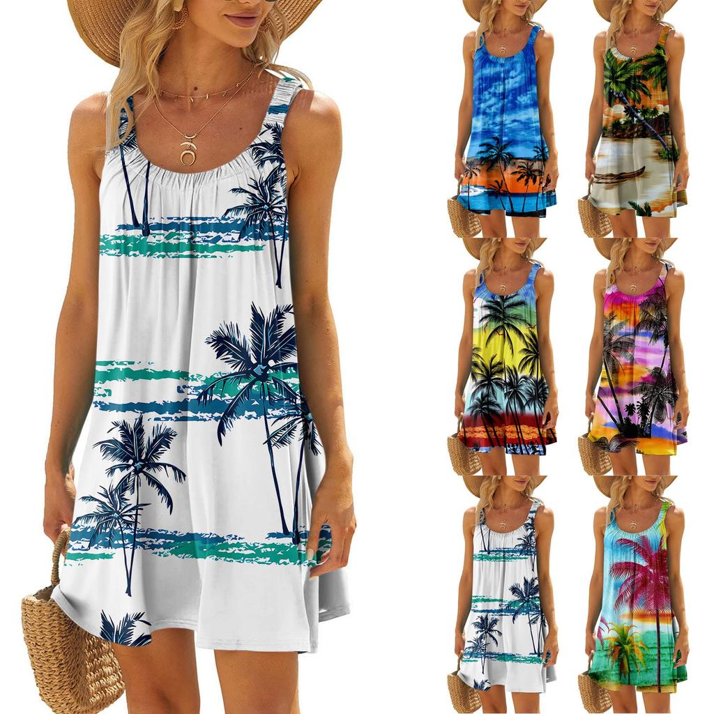 Women's Fashion Summer Beach Casual Print Sleeveless Cute Sling Dress