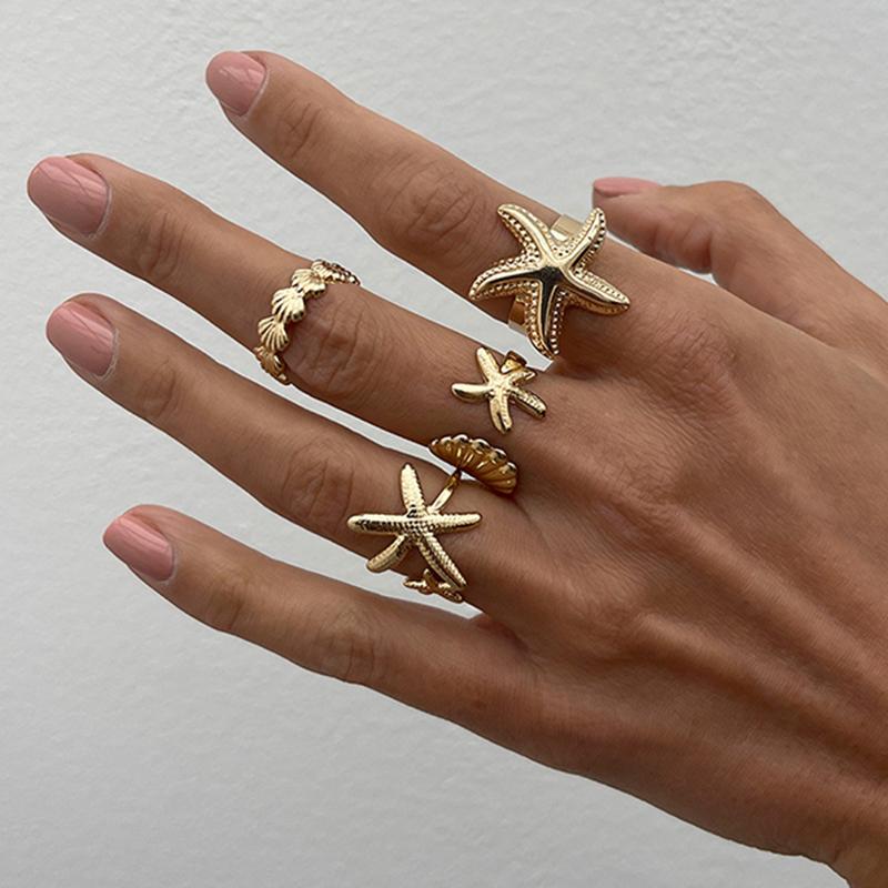 Starfish Shell Open Rings for Women Men Gold Color Irregular Textured Starfish Adjustable Rings Set Jewelry Gifts