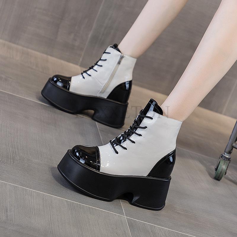 11cm Microfiber Women Mid Calf Motorcycle Booties Platform Wedge Super Thick Spring Autumn Winter Fashion Shoes