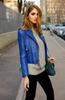 Real Lambskin Handmade Motor Biker Casual Stylish Women's Blue Leather Jacket