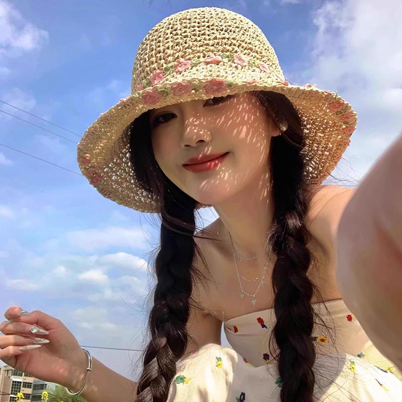 Шляпа рыбака с цветочным узором ручной работы для женщин для летнего отдыха на море с большими полями, складная соломенная шляпа от солнца