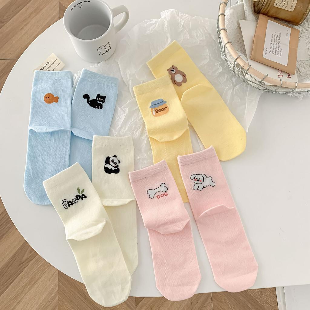 Trendy A&B Style Mid-tube Socks for Women Cute Cartoon Soft Breathable Cotton Socks Candy Color College Style Student Socks
