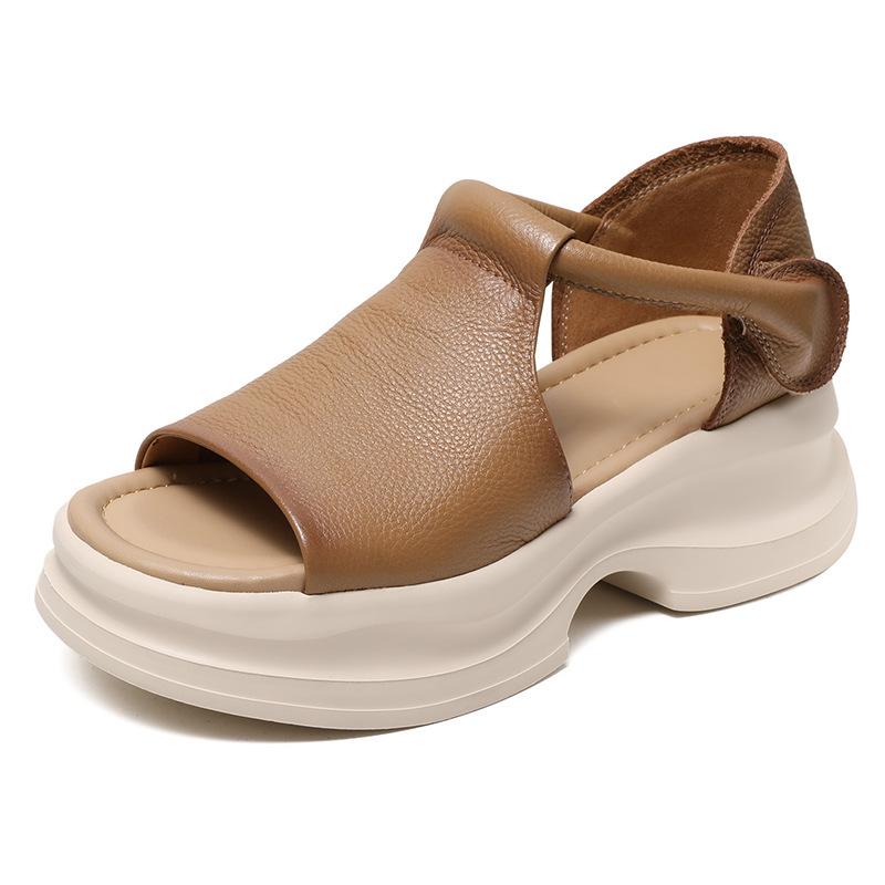 Модные летние туфли 5 см женские сандалии на толстом каблуке новый дизайн застежка-липучка натуральная кожа с открытым носком повседневные сандалии на платформе женские шлепанцы