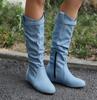 Fashion Women Mid-Calf Boots PU Pleated Boots Female Round Toe Shoes Concise Height Increasing Flat Shoes Autumn Winter 2025 Size 34-50