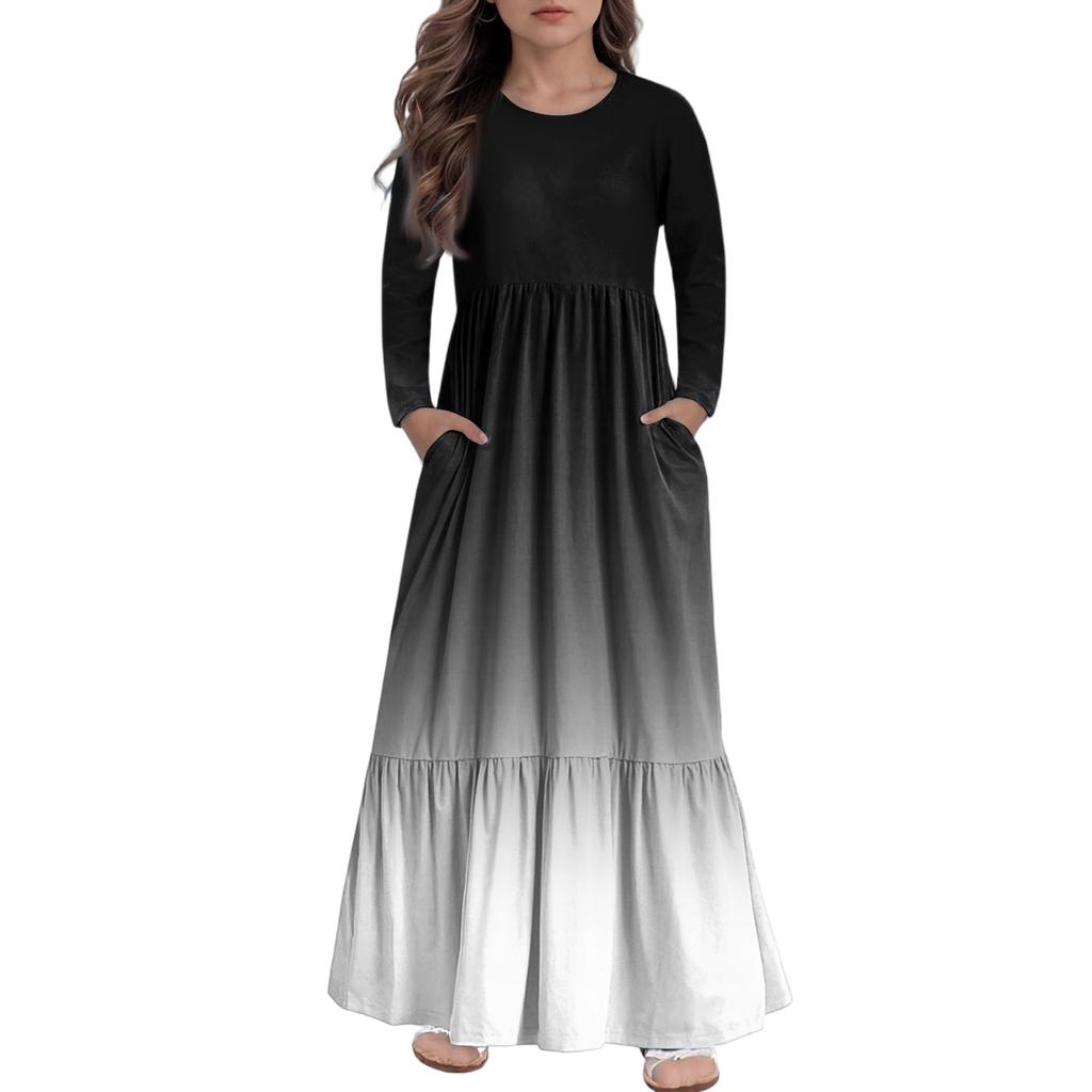 Girls' Maxi Dress Casual Holiday Dresses - Long Sleeve Dress With Pockets For 4-14Y