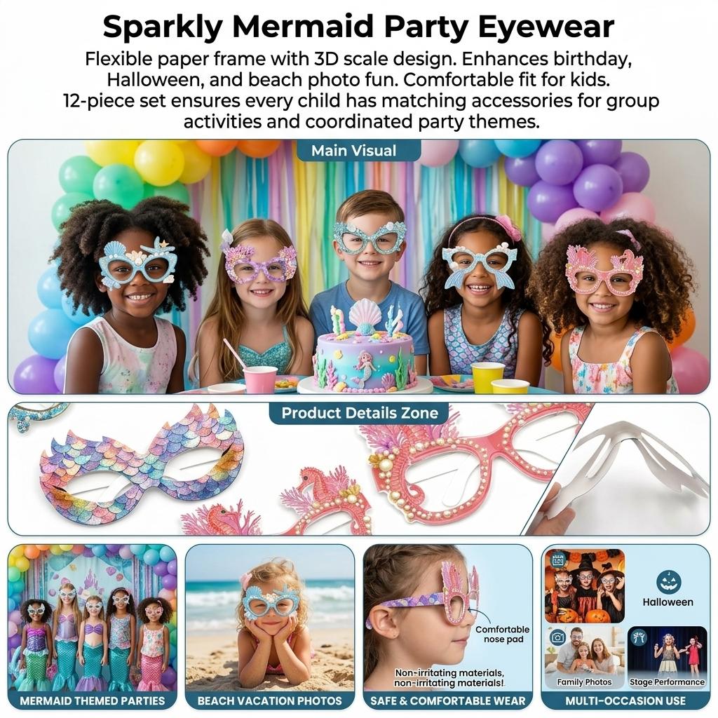 12 Pcs Mermaid Theme Party Glasses for Kids Paper Photo Props Flexible Frame 3D Scale Pattern Birthday Halloween Cosplay