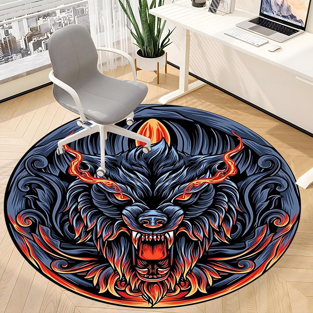 1pc Wolf Head Design Chair Carpet for Office, Round Non Slip Durable Large Size Office Carpet, Suitable for Office