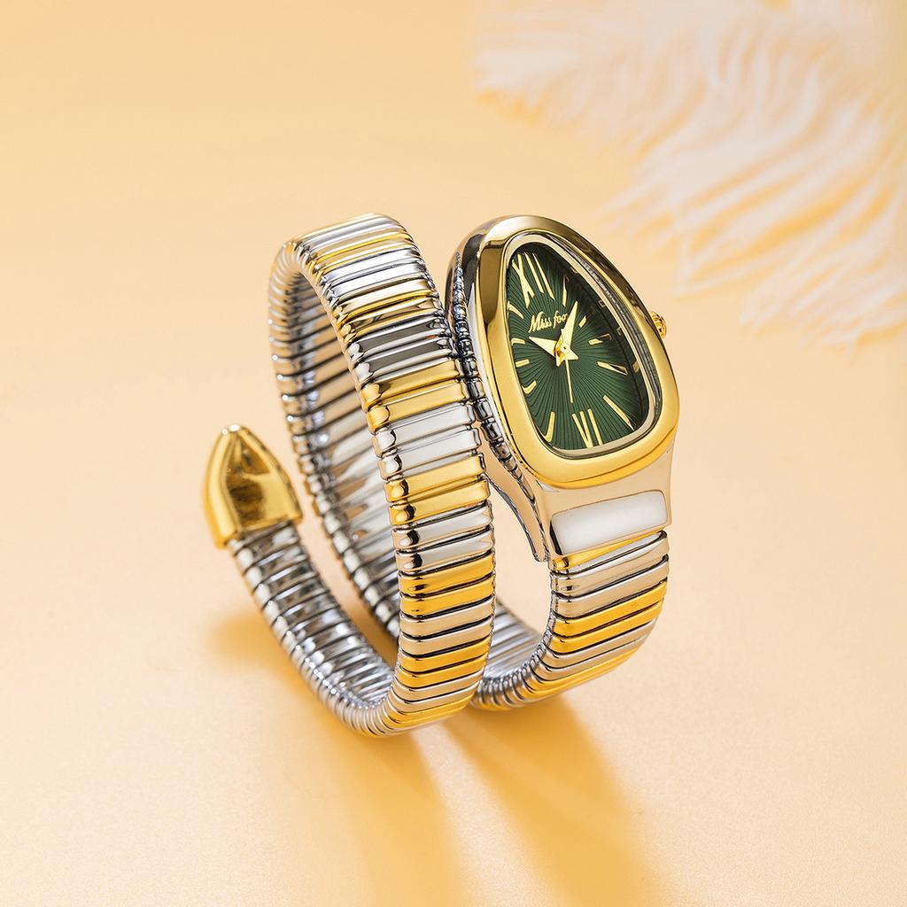 MISSFOX Snake Bracelet Fashion Women Watch Gold Stainless Steel Quartz Watch Women Casual Lady Wristwatch