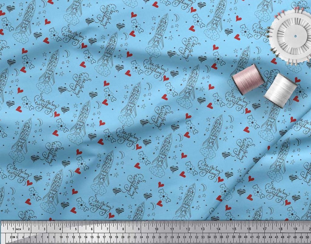 Soimoi Blue Japan Crepe Satin Fabric Rocket & You Are My Everything Text Printed Fabric 1 metre 42 Inch